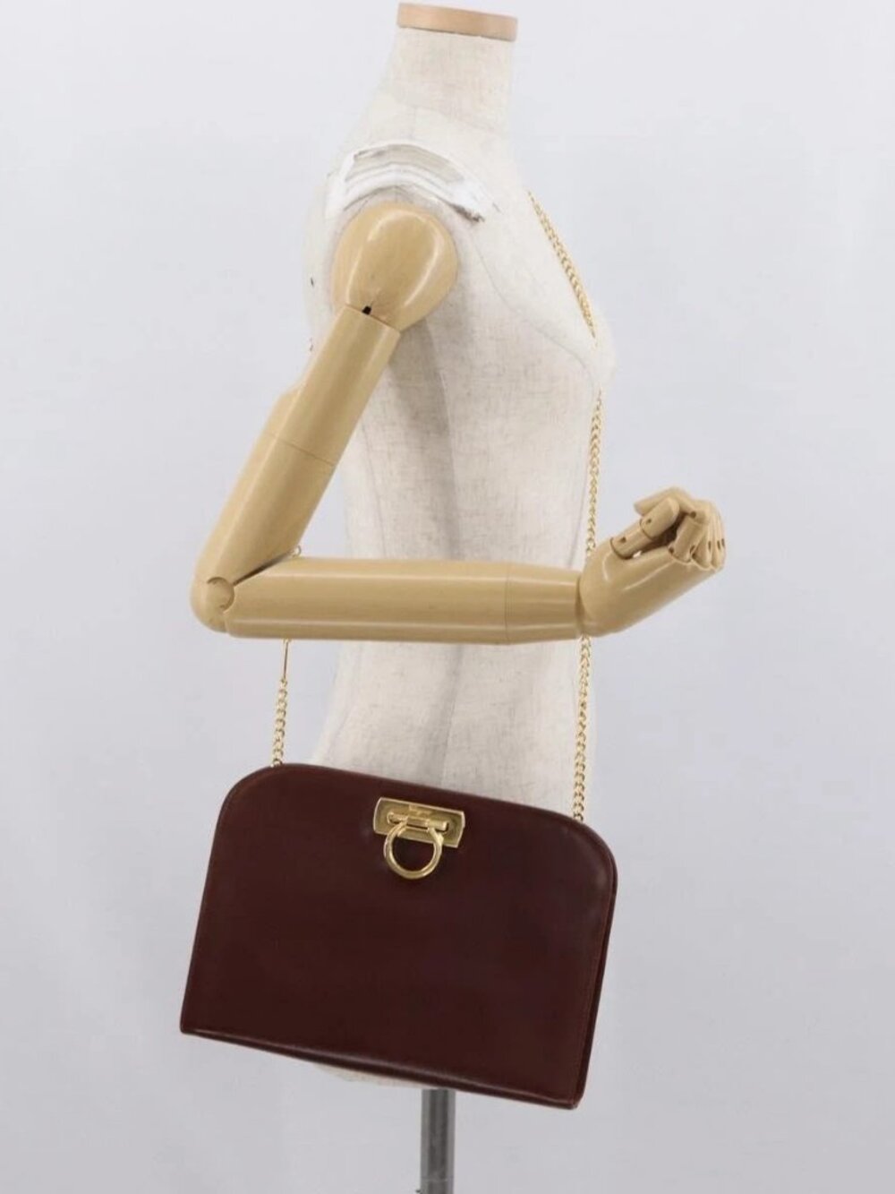 Salvatore Ferragamo Gancini Chain Shoulder Bag Leather Brown Gold